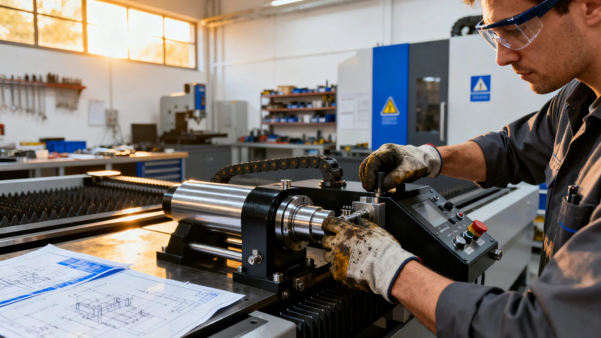 Technical support professional assisting with laser machine parts