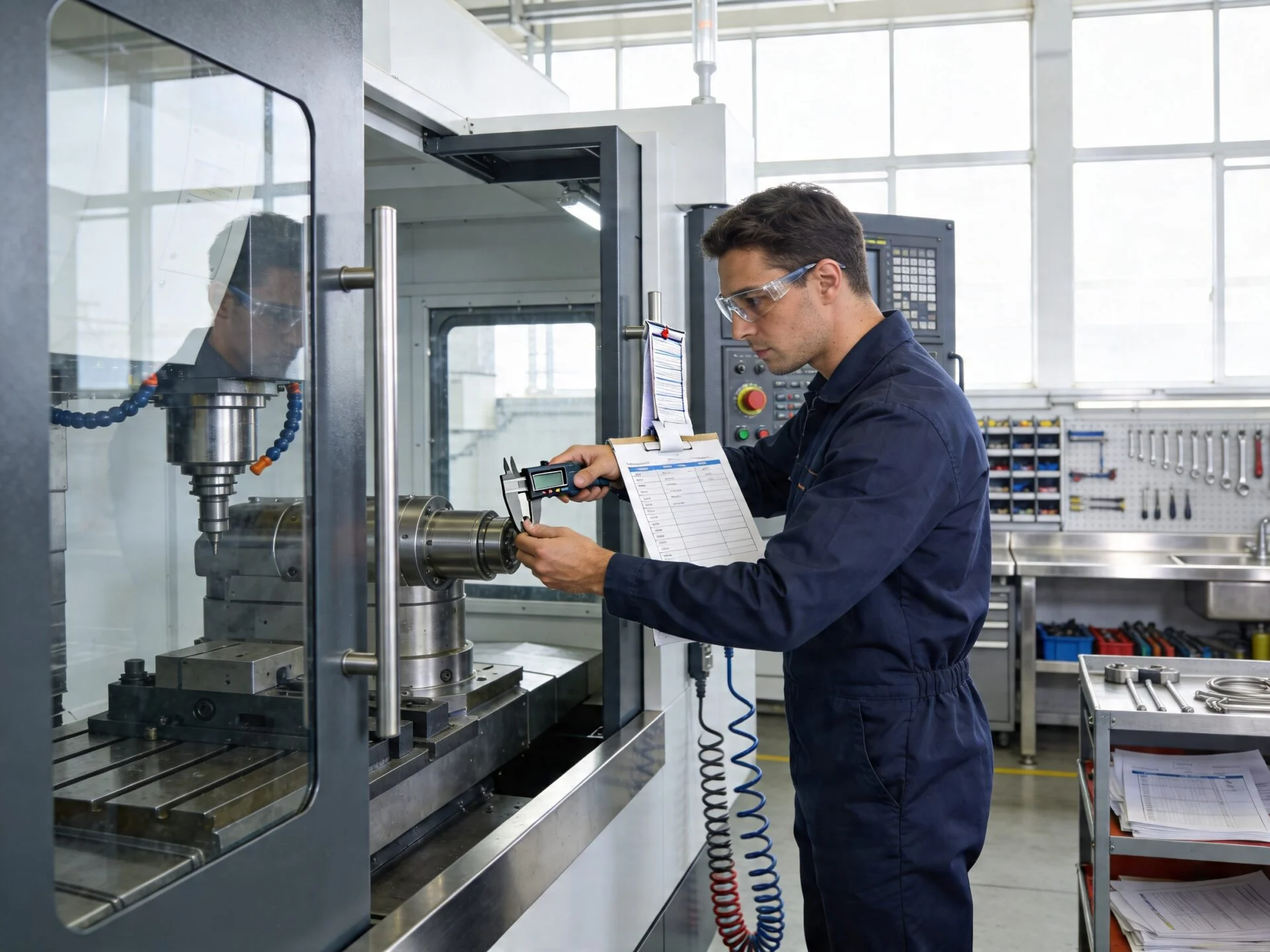Technician performing pre-installation checks on industrial machinery