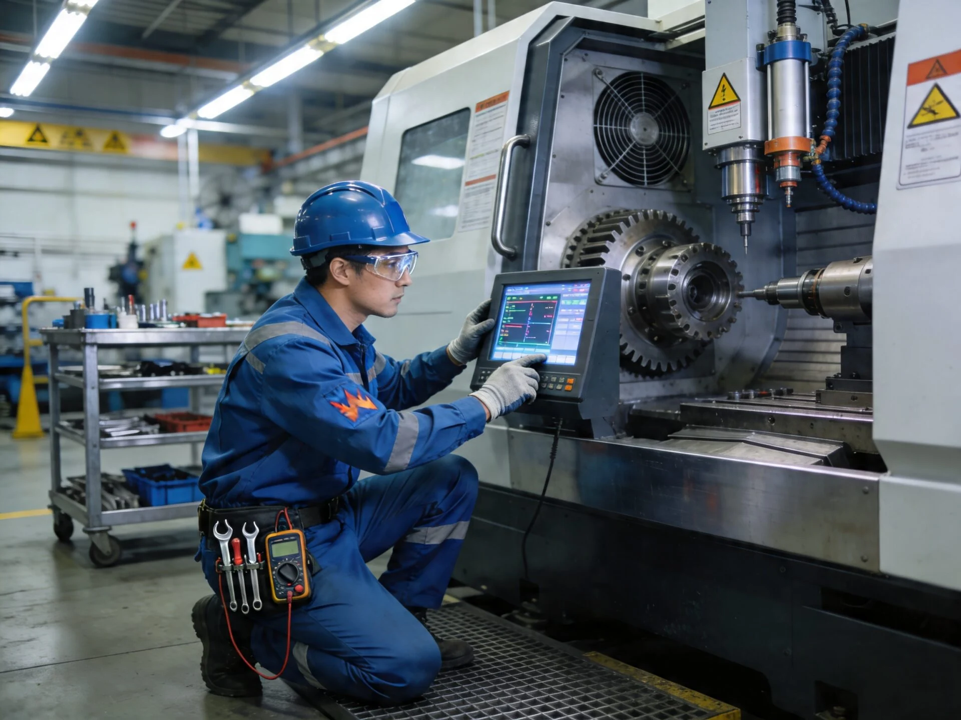 Technician providing after-sales service for a CNC machine