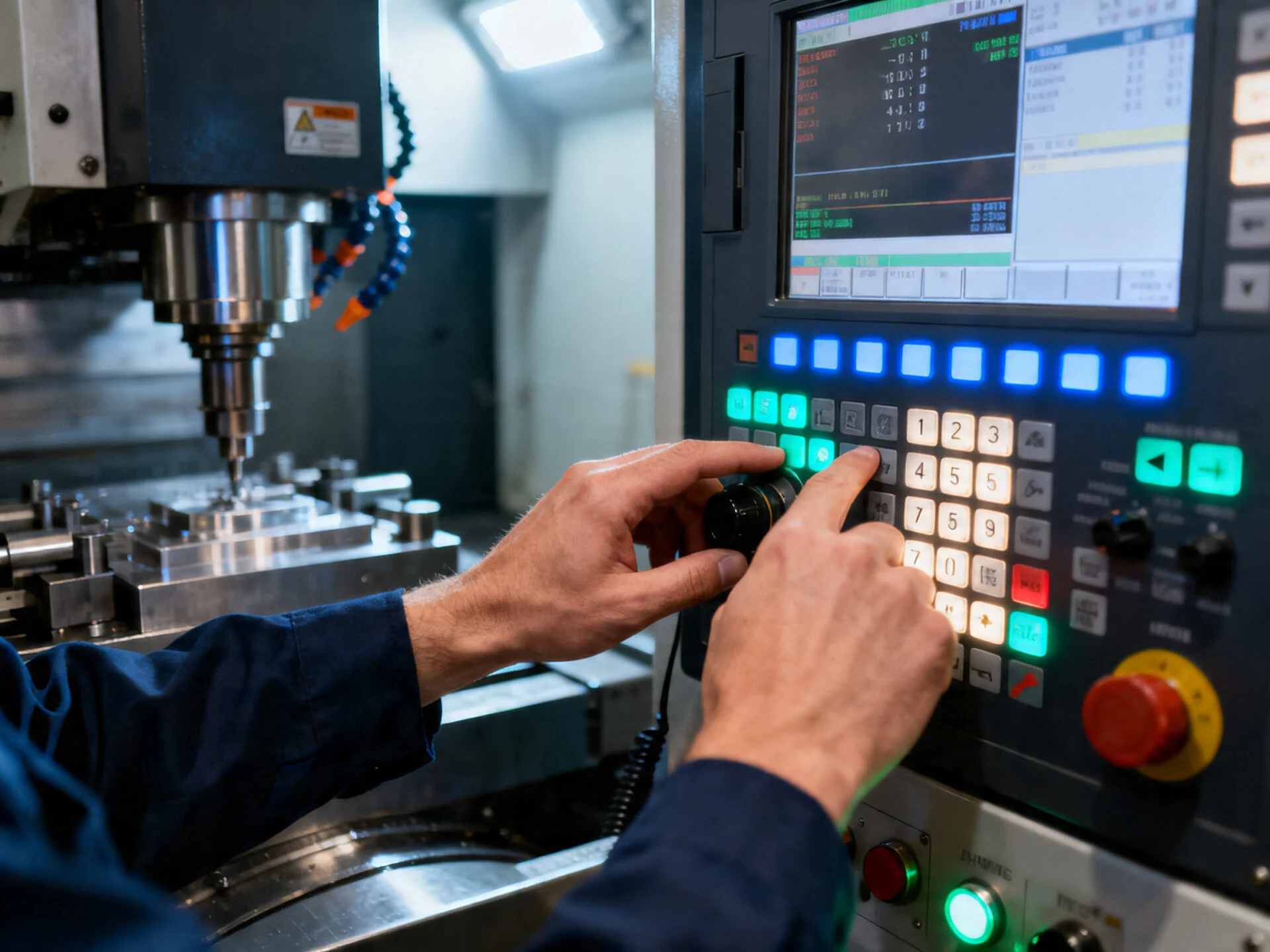 Technician setting up parameters on a CNC machine control panel