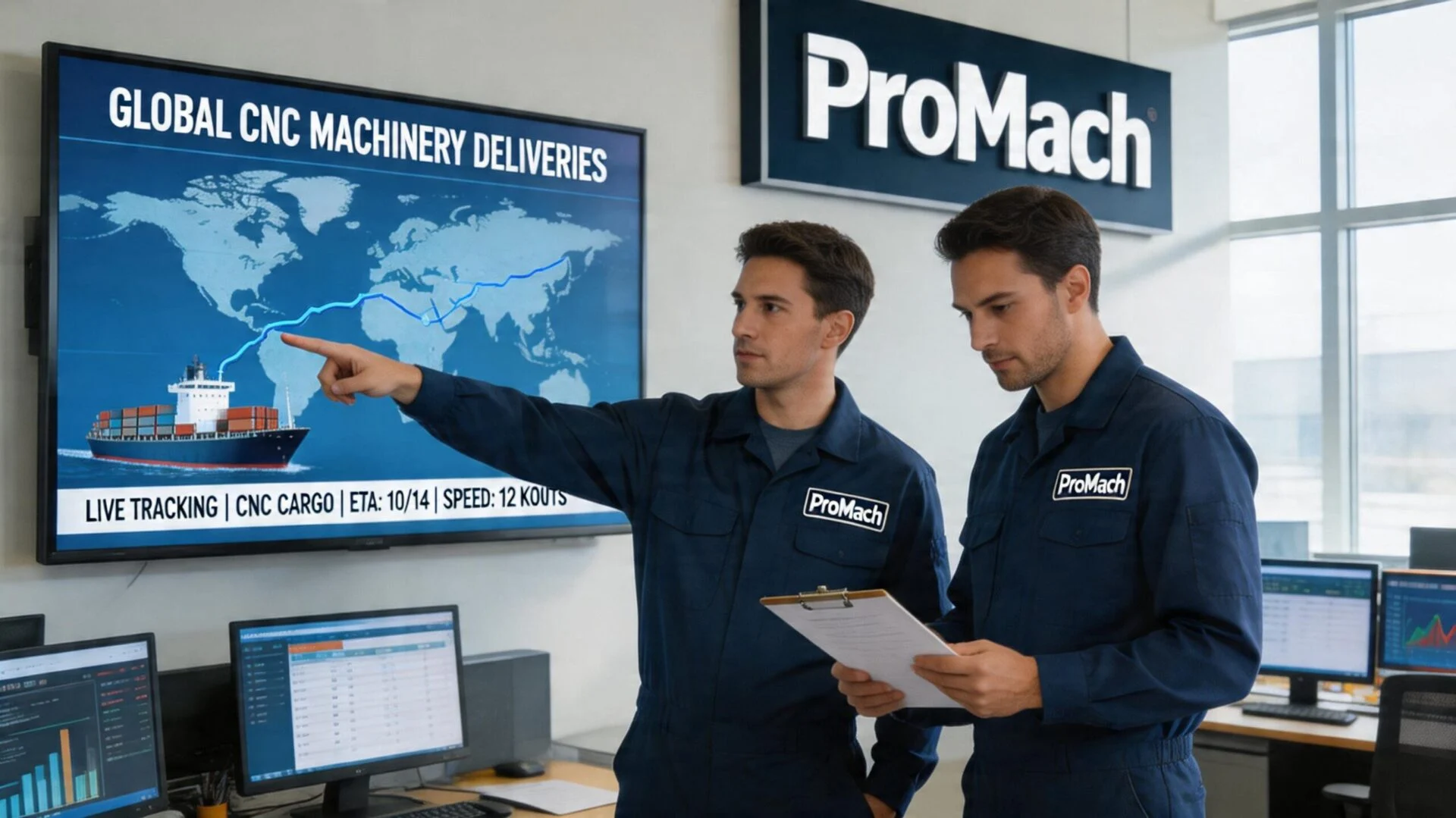 Two professionals discussing logistics and tracking