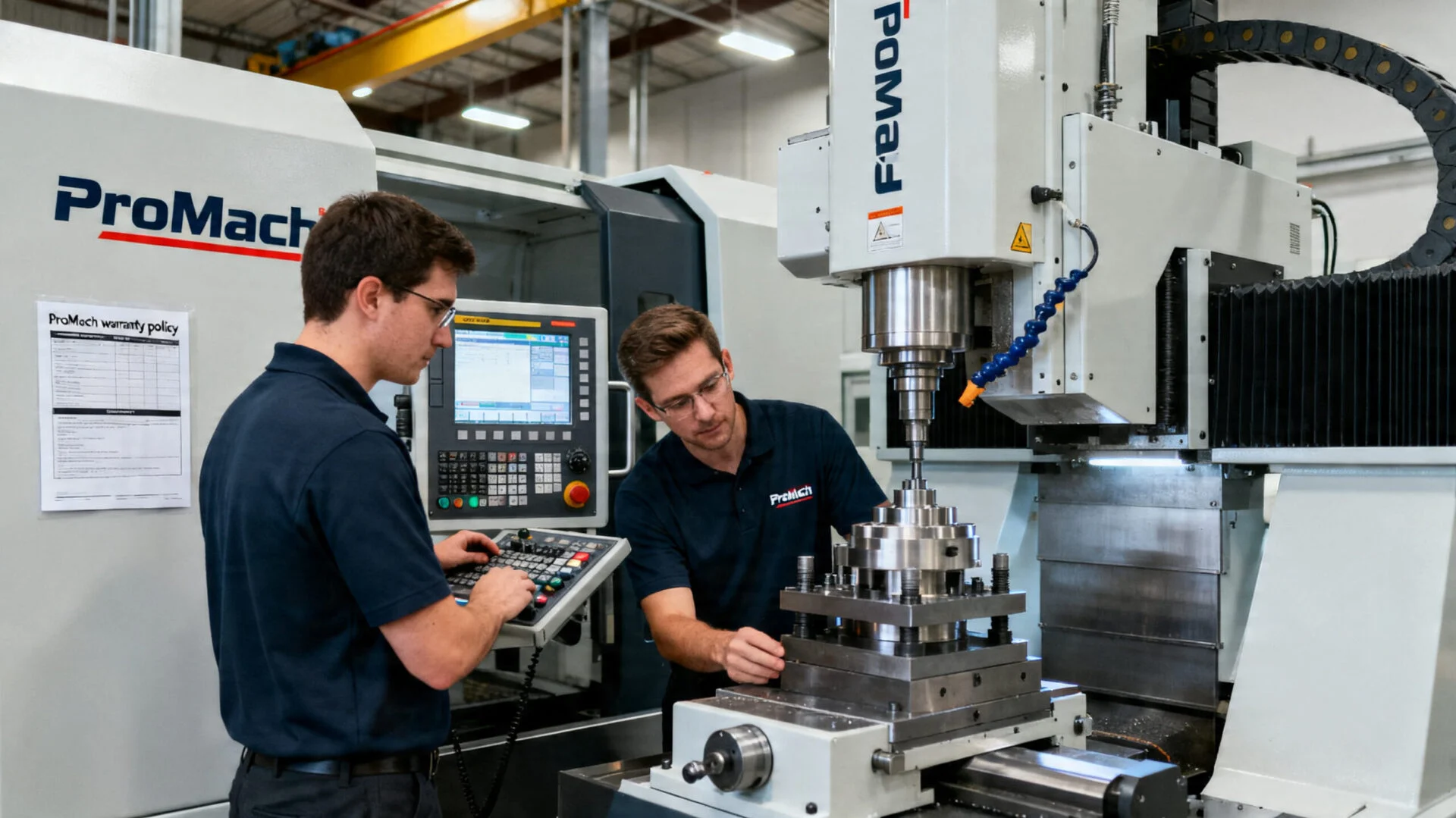 Two specialists operating a CNC machine, representing product quality and warranty