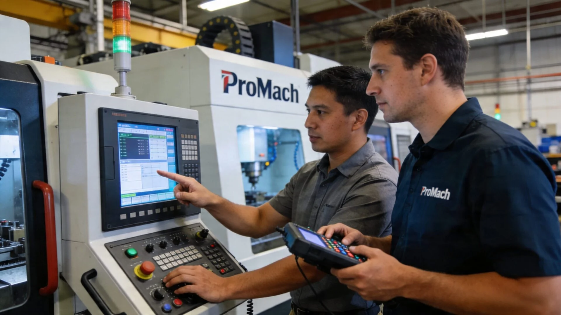 Two specialists operating a CNC machine, representing remote diagnosis