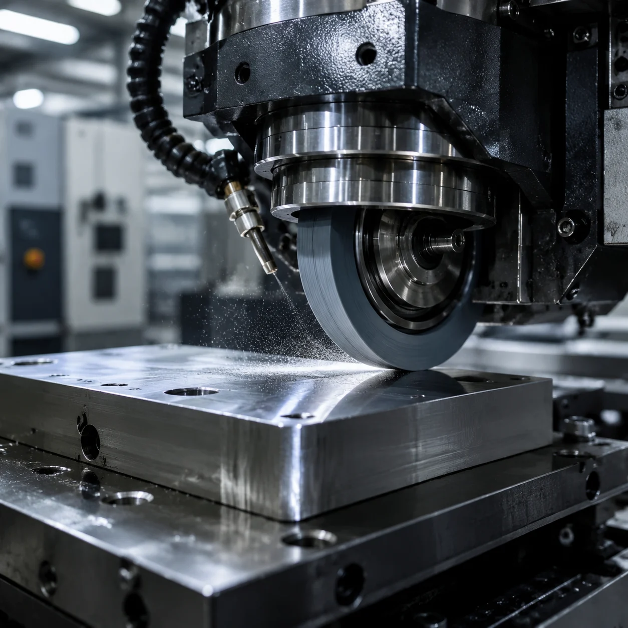CNC metal grinding machine during precision surface finishing process