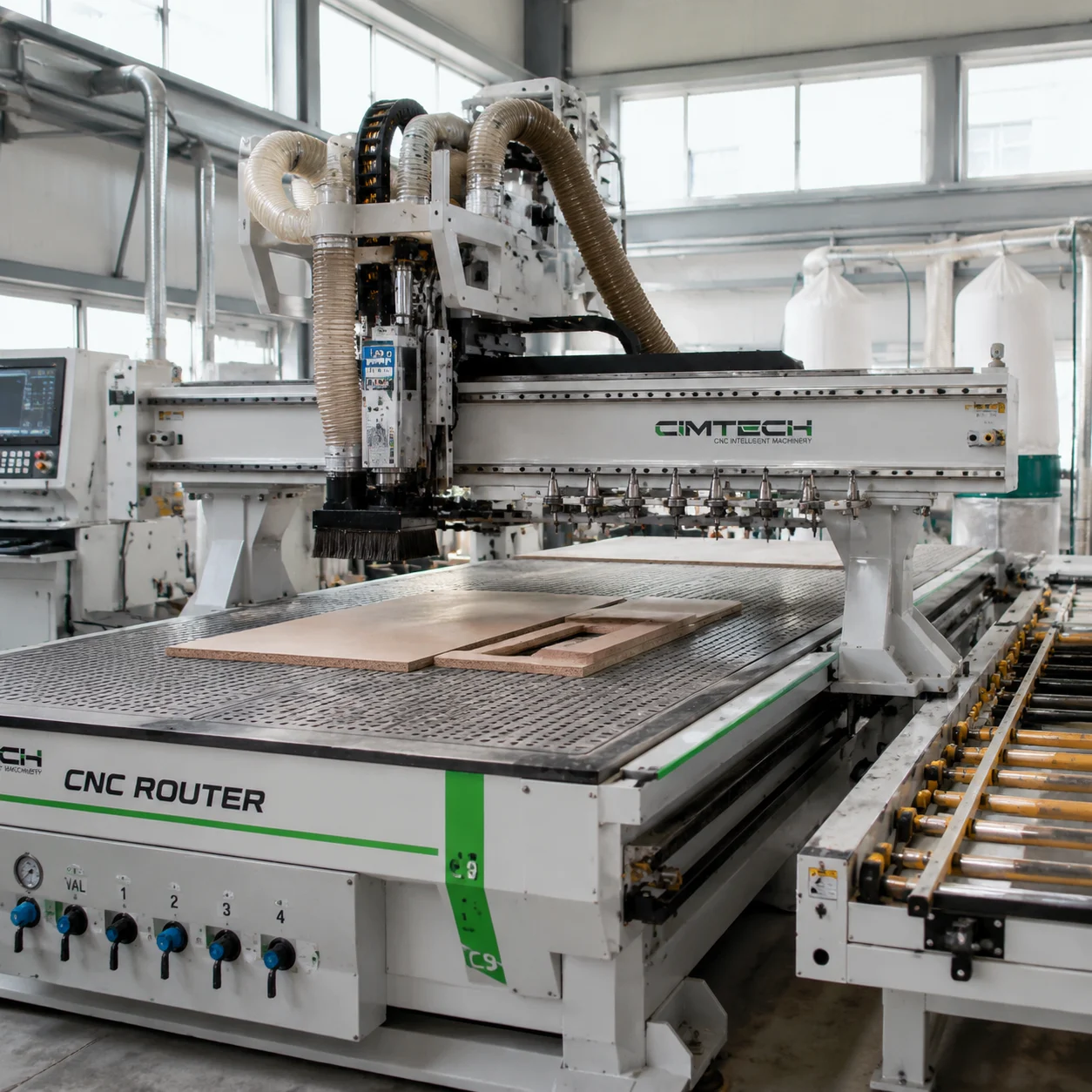راوتر CNC لأثاث الألواح من ProMach للخدمة الشاقة مع طاولة تفريغ متعددة المناطق لمعالجة ألواح الخزائن
