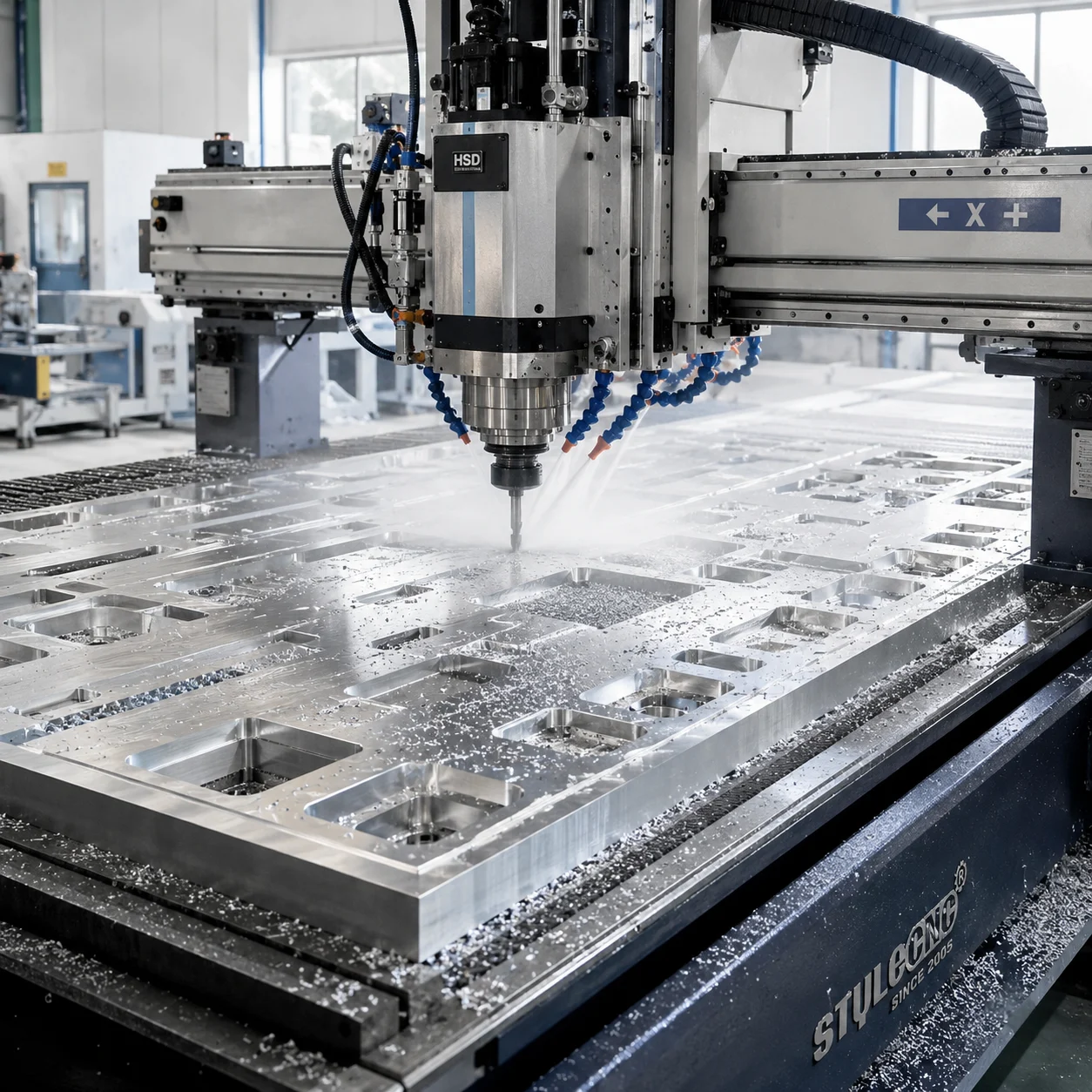 موجه CNC صناعي للألمنيوم يقوم بتشغيل صفائح الألمنيوم مع إدارة رقاقة متقدمة