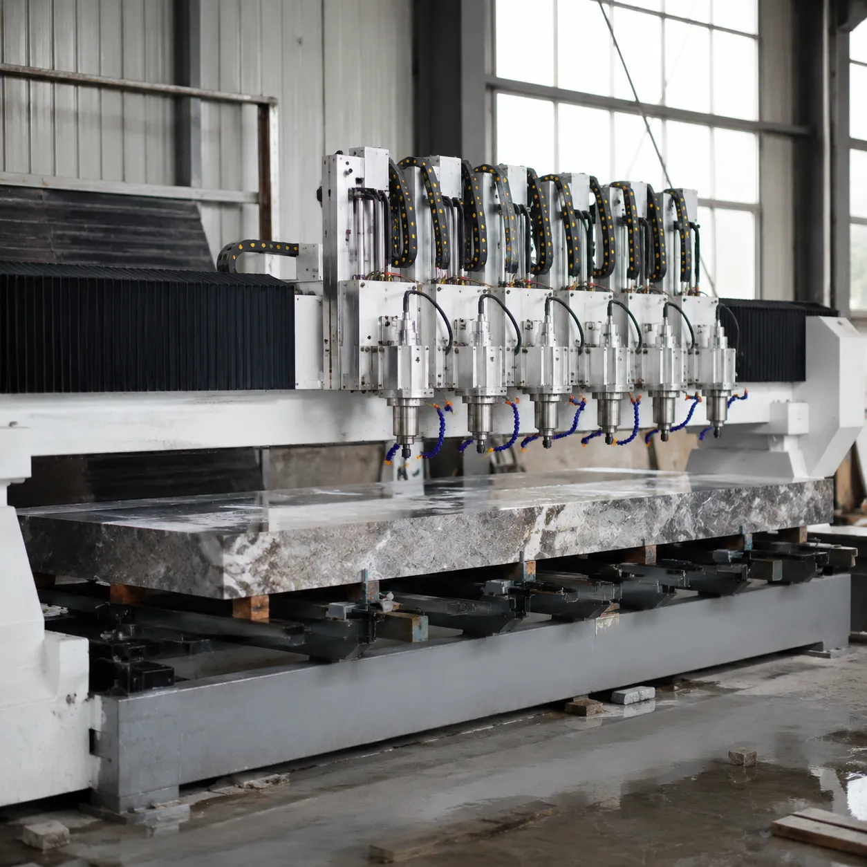 Heavy-duty 6 heads stone CNC router multi-spindle gantry on sunken bed