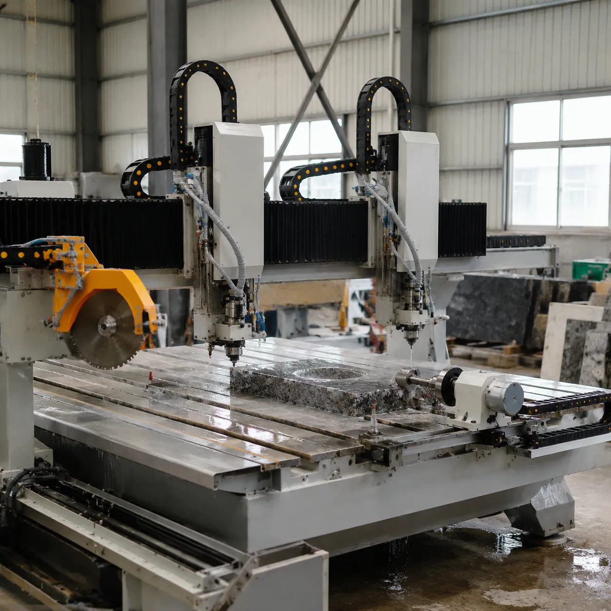 double head stone cnc router with rotary saw