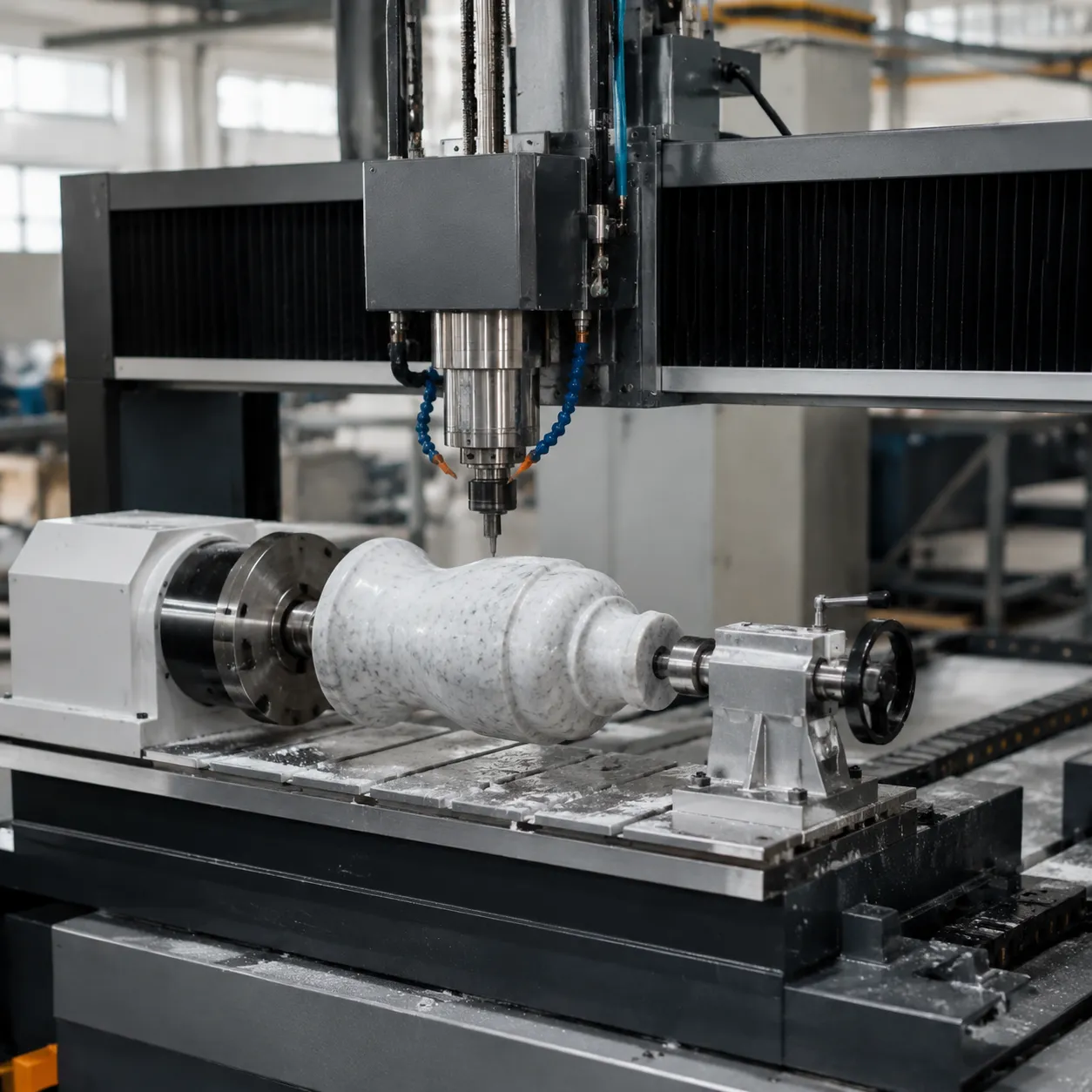 4 Axis Stone CNC Router with 2 Rotary Axis drive and protection systems