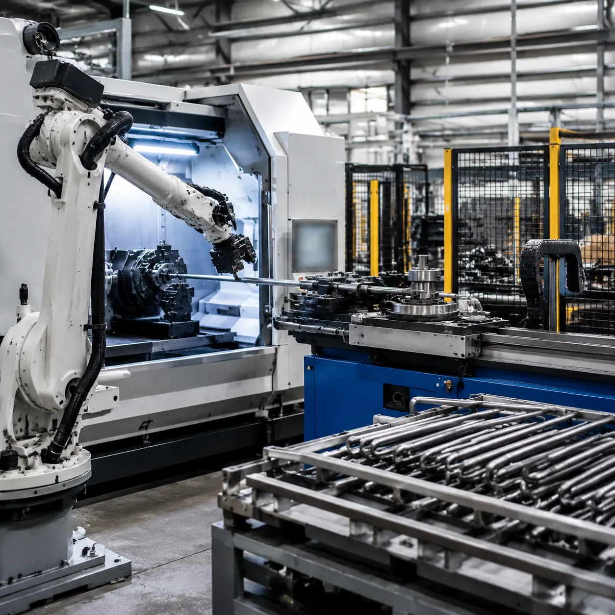 Automated CNC rod bending cell with robotic loading