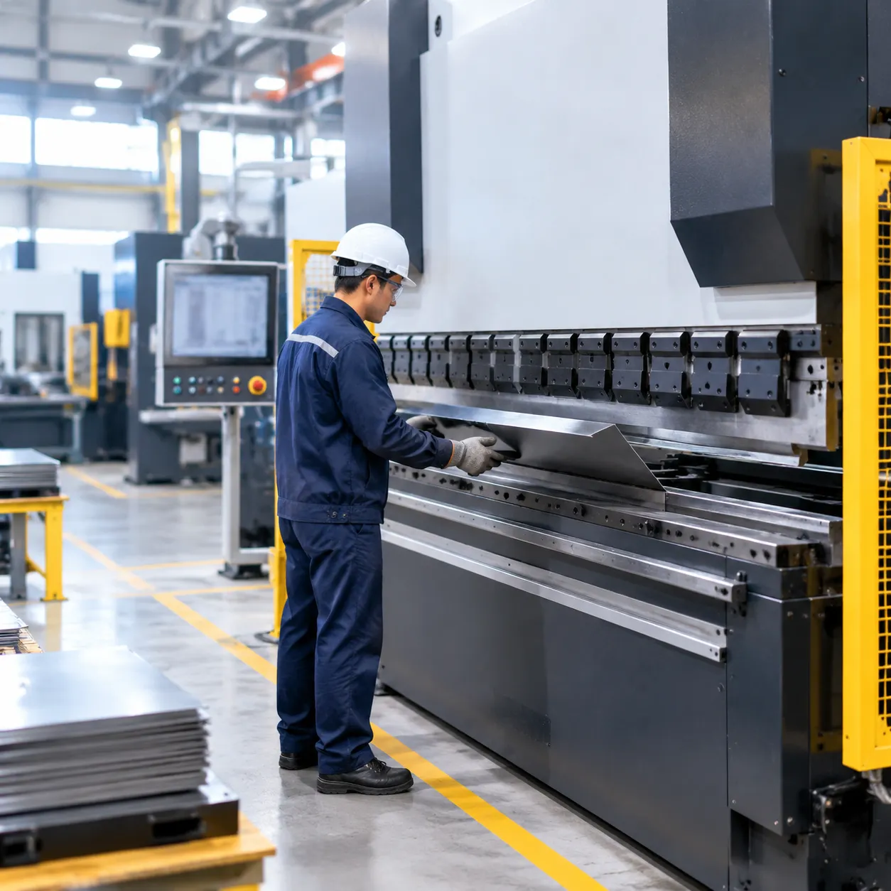 Operator reviewing CNC bending machine tonnage, bed length, and tooling clearances